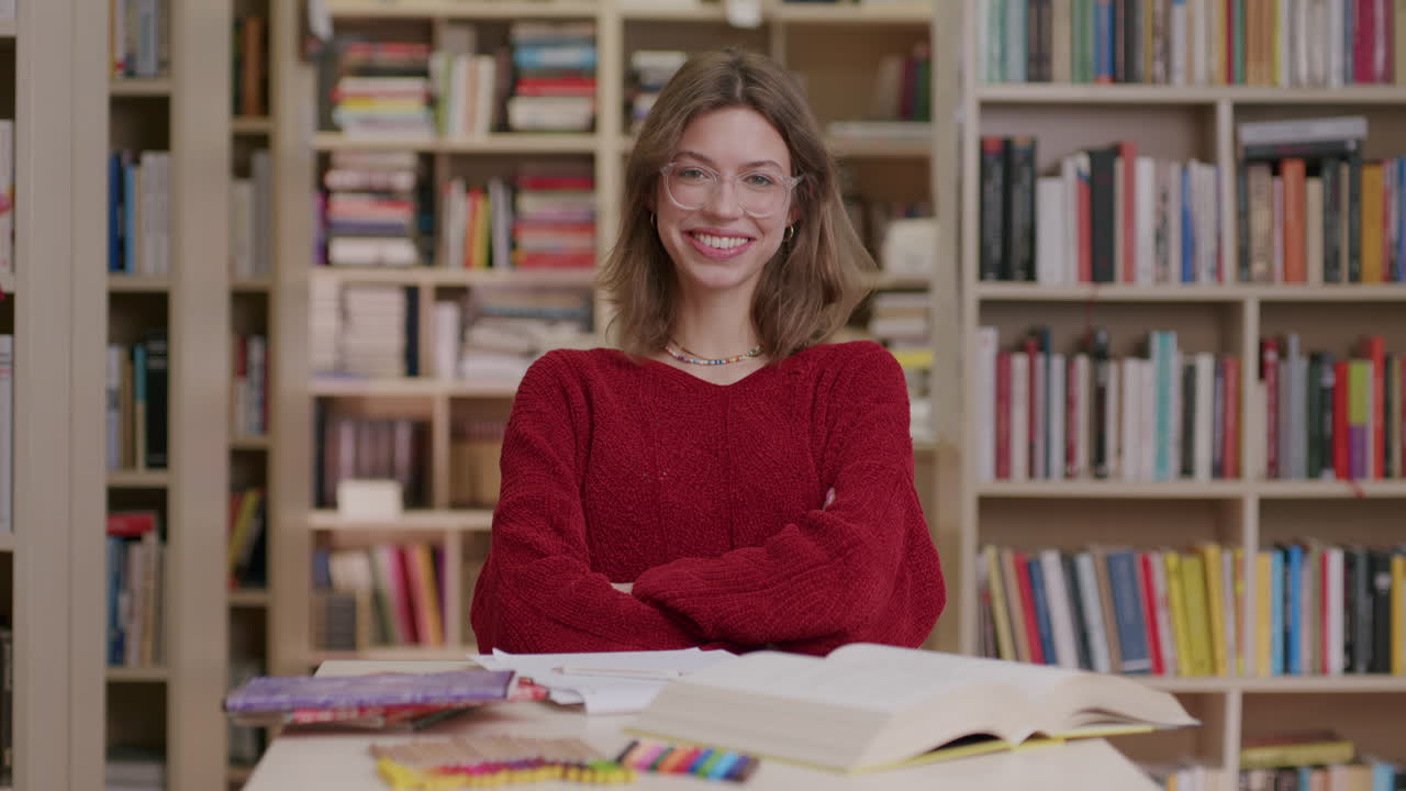 Una giovane e bella studentessa caucasica che studia in biblioteca – inquadratura media