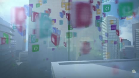 도시의 현대적인 건물에 대해 움직이는 다채로운 컴퓨터 애플리케이션 아이콘의 애니메이션