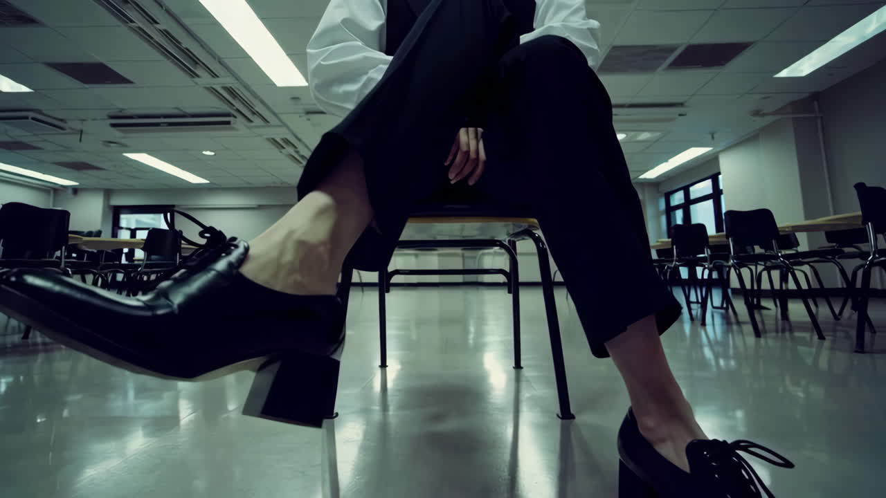 Woman in formal wear sitting in an empty classroom
