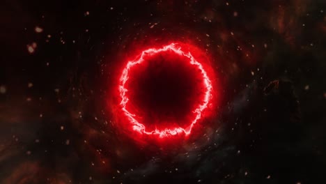 abstract 4k 3d cgi glow red black hole with nebula gas cloud in space. seamless loop mysterious red blackhole or wormhole twisting animation with gas cloud and particles spinning in the universe.