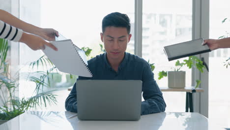 business man, documents and hands