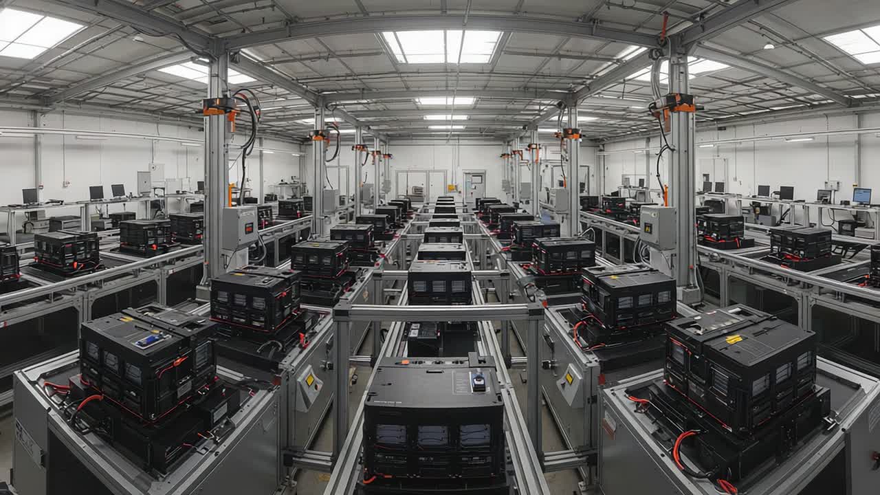 A High-Tech Industrial Facility Featuring Rows of Advanced Battery Systems in a Spacious, Well-Lit Environment for Efficient Production and Quality Management