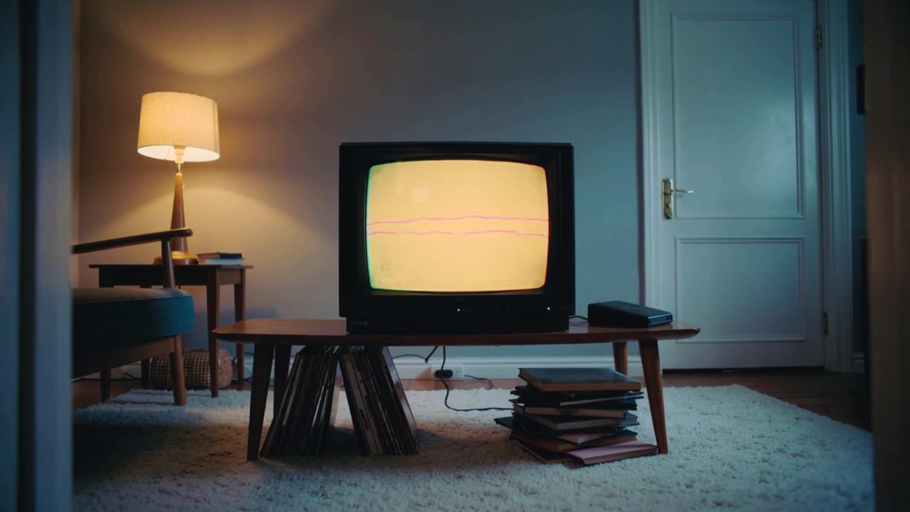 Vista del corridoio che si apre verso una televisione CRT vintage, con lo schermo che sviluppa linee magenta e dischi