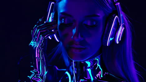 futuristic woman with neon headphones and cybernetic elements