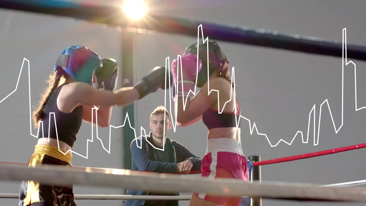 Two female boxers sparring with jabs, hooks in boxing ring, waveform spiking, coach watching