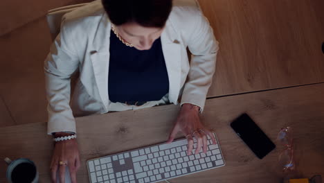 keyboard, typing and business woman top view