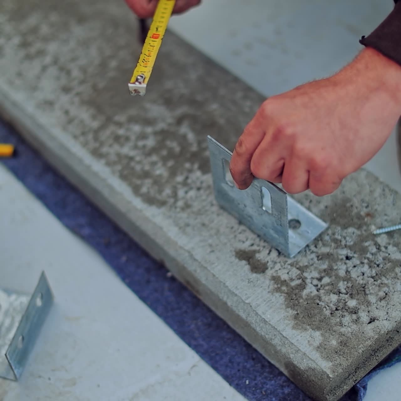 Builders work with instruments. Hands of a worker measuring metal thing. Construction for solar panels. Close-up.