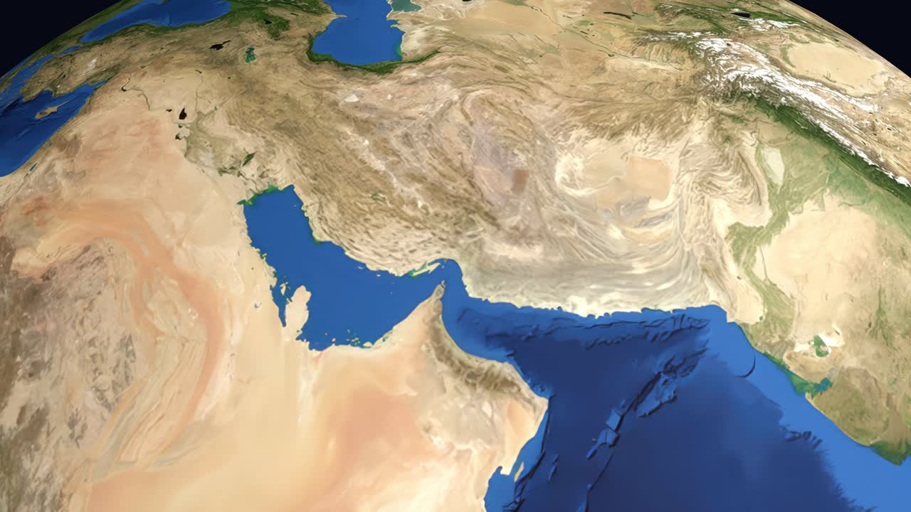 Earth rotates and zooms from space into a detailed map of Asaluyeh ...