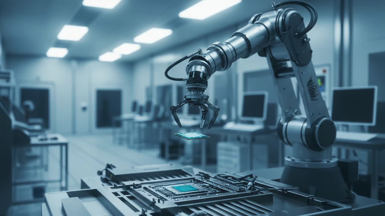 Advanced Robotic Arm Handling Microchips in a High-Tech Laboratory, Showcasing Precision Engineering and Automation in Electronics Manufacturing