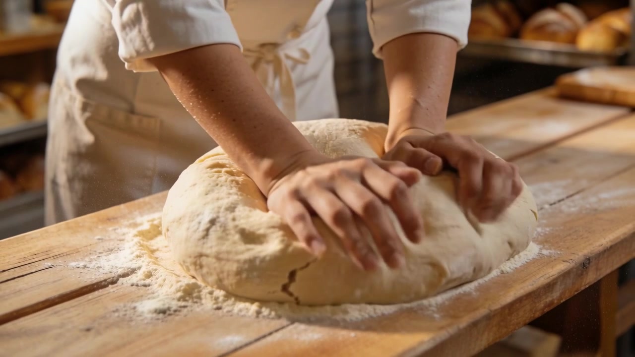 Pressing into dough, baker's apron-clad hands shaping folding on floured bench forming loaf to bake