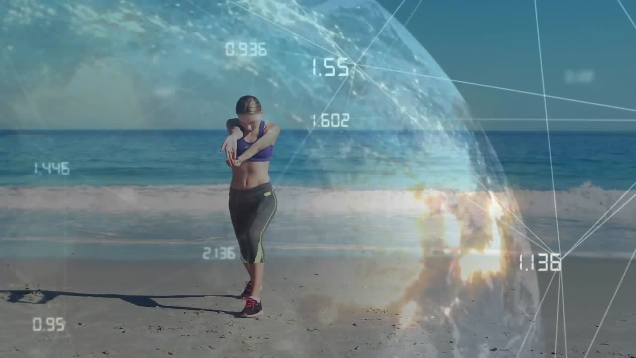 анимация светящейся глобальной сети и данные о женщине, занимающейся йогой на солнечном пляже