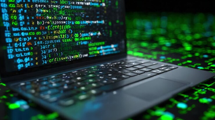 A modern laptop displaying vibrant code on its screen, surrounded by a captivating matrix of green digits, showcasing the fascinating world of programming and digital technology