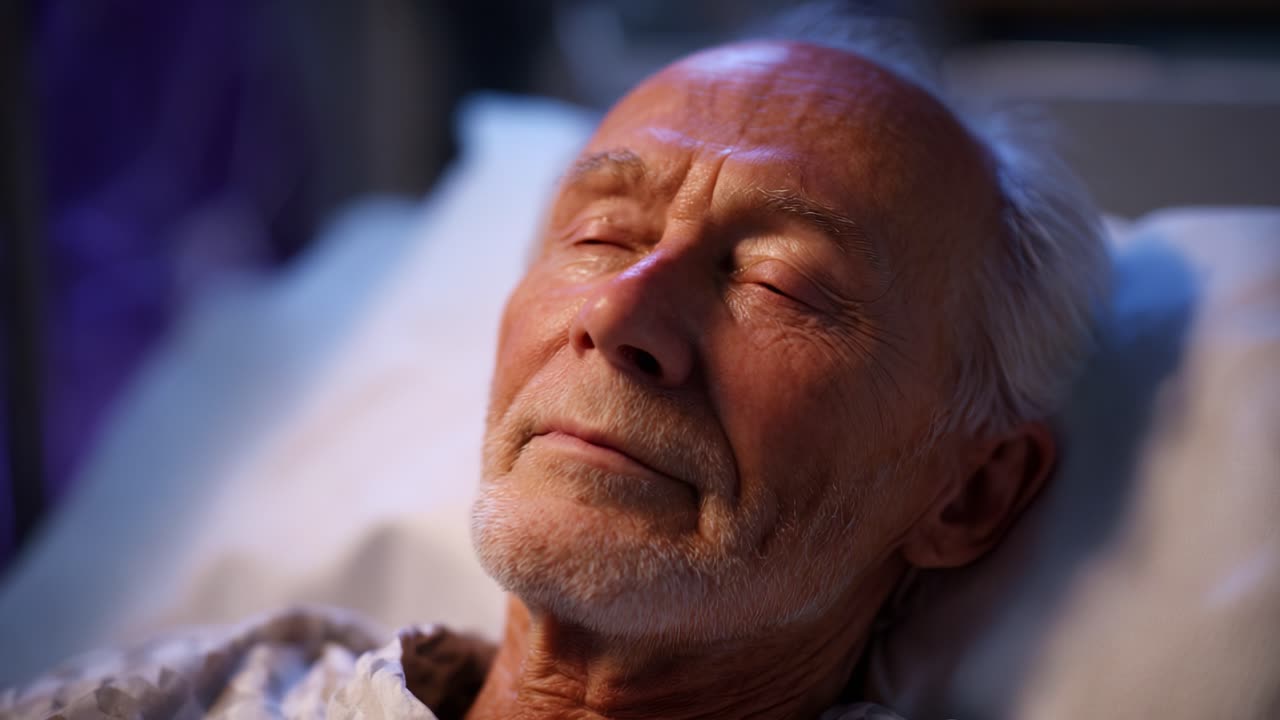 Dolci momenti di riposo: un uomo anziano dorme serenamente in un letto d'ospedale sotto una luce soffusa, che mostra serenità e fragilità della vita
