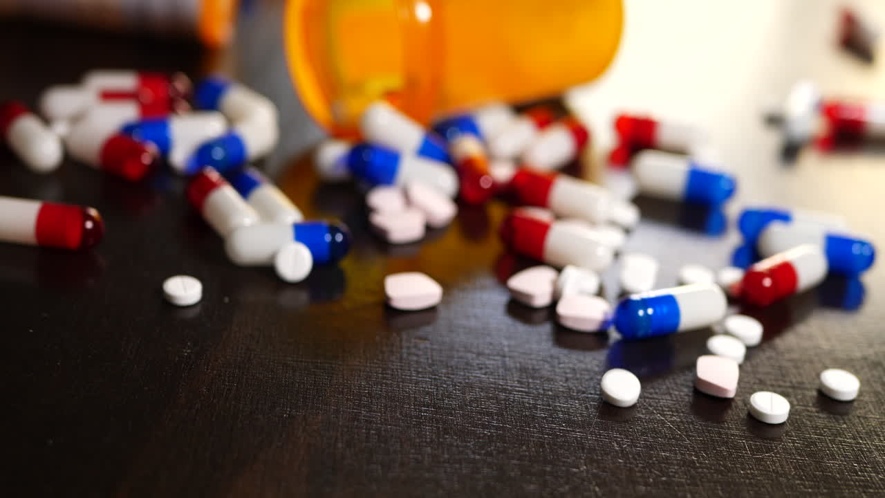 Many prescription pills and drug capsules spilling onto a desk with orange medicine bottles