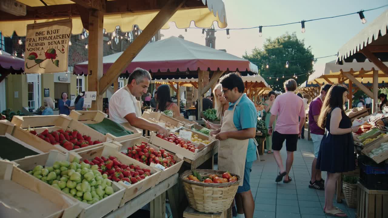 Approaching couple pausing at market under lights, vendor lifting strawberry, customer paying