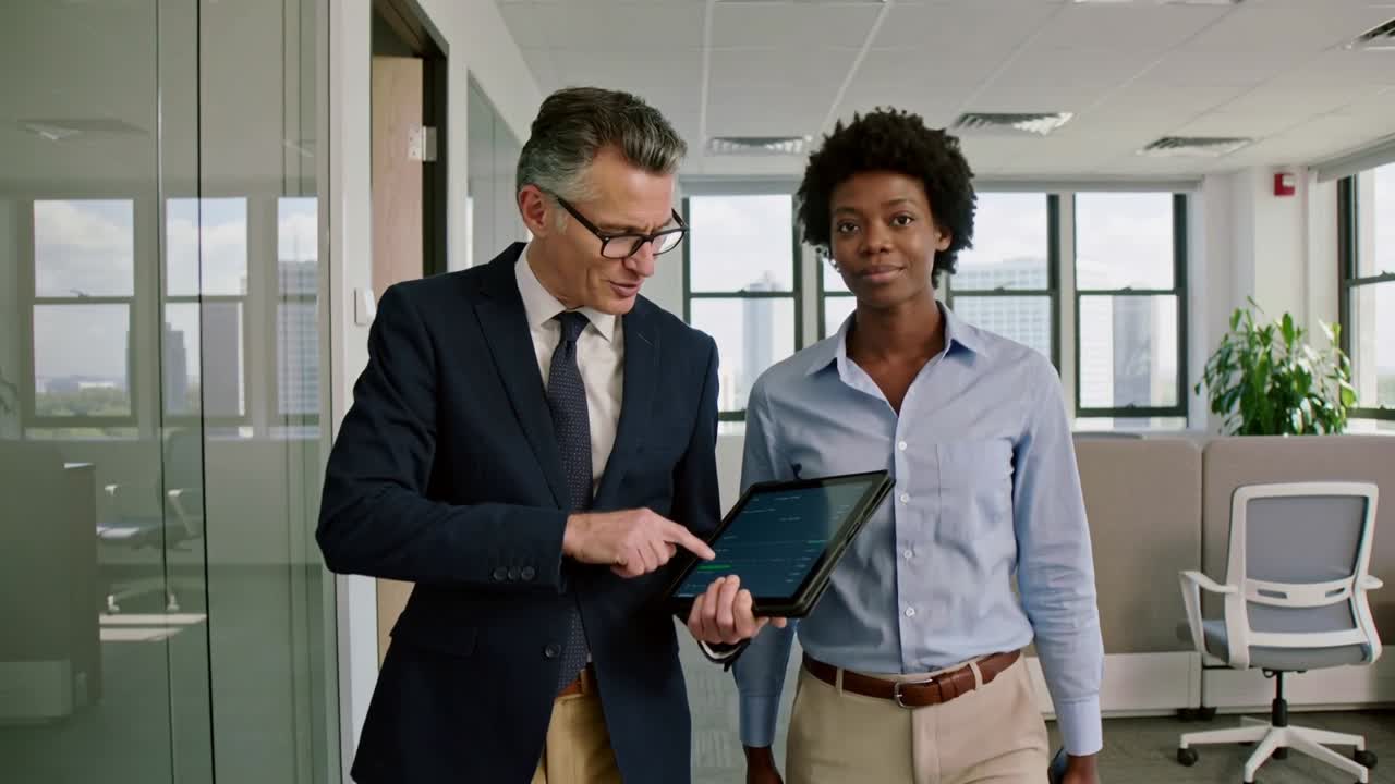 Pointing man in blazer and listening woman in blue shirt walking hall, reviewing tablet project