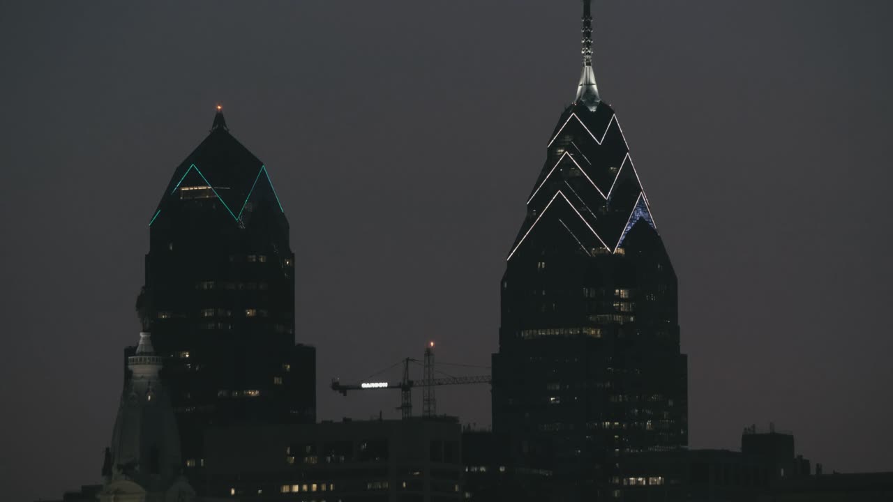 Philadelphia Skyline, at dusk, with lights