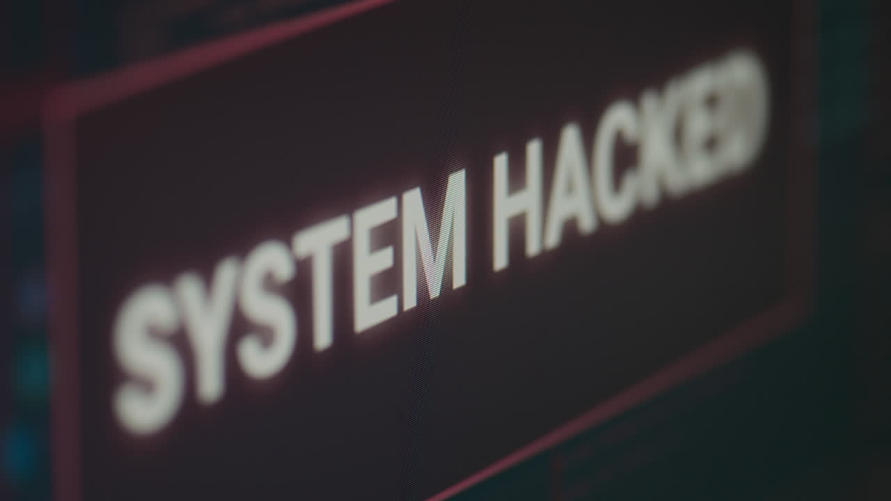 Computer display with hacking alert and system crash