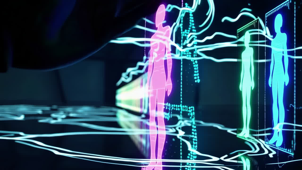 Hand Interacting with a Futuristic Digital Display of Human Figures