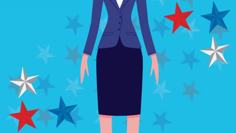 Animation-of-businesswoman-with-face-mask-and-colourful-stars-on-blue-background
