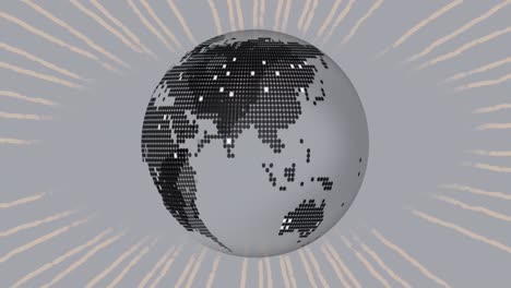 digital animation of spinning globe icon against moving radial rays on grey background