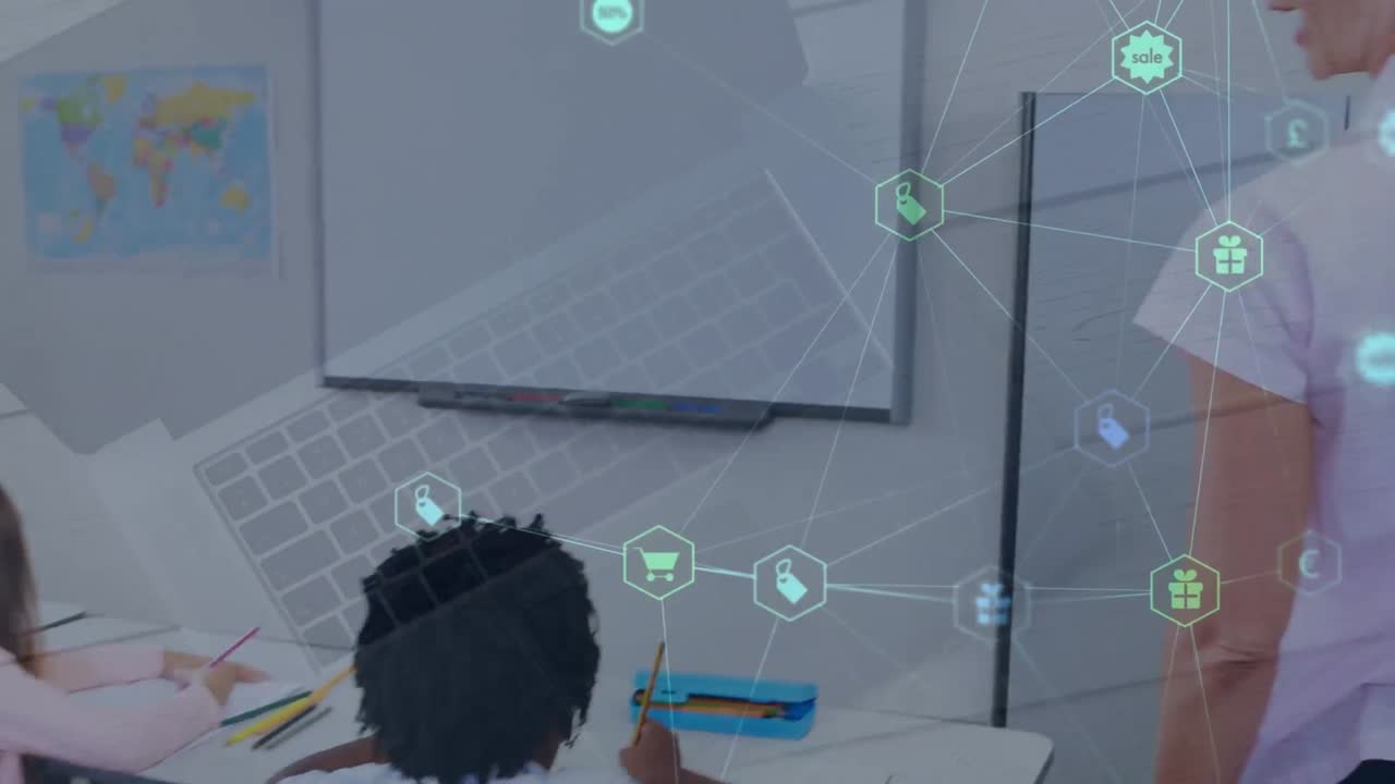 animación de la red de conexiones y computadoras portátiles sobre diversos escolares y maestros en el aula