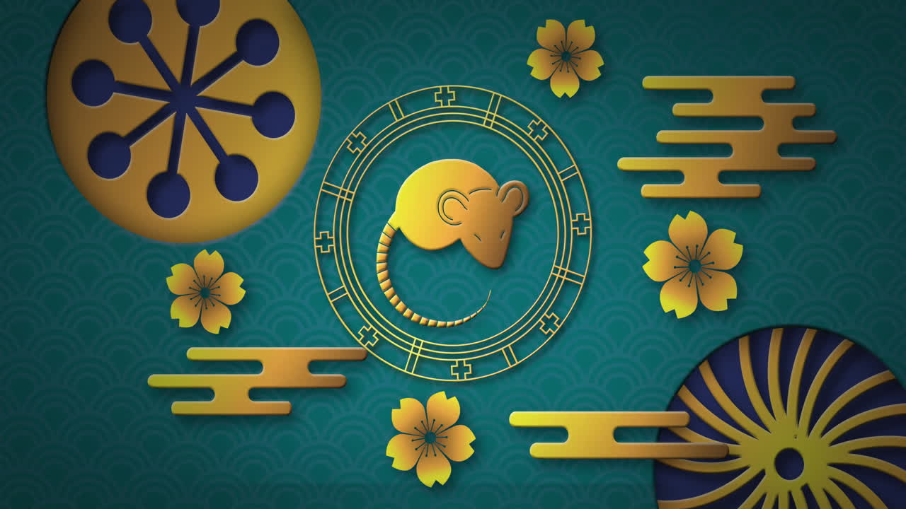 Animation of chinese new year symbol of mouse over flowers and shapes