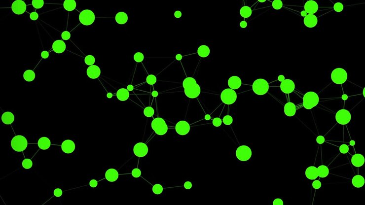 Green particles in motion on dark background