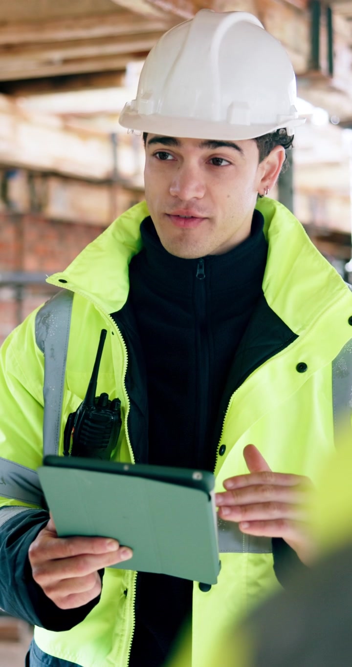 Direttore di cantiere che discute i dettagli del progetto su tablet