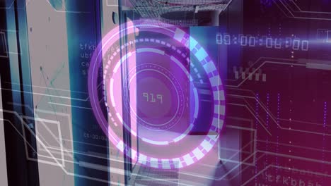 animación del escaneo del alcance con procesamiento de datos sobre la sala del servidor