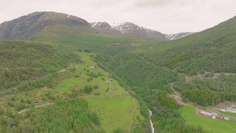 挪威奧蘭斯旺根 (aurlandsvangen) 的茂盛綠色森林和山谷