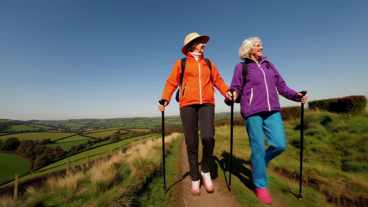 Two Senior Women Hiking with Poles on a Scenic Countryside Path