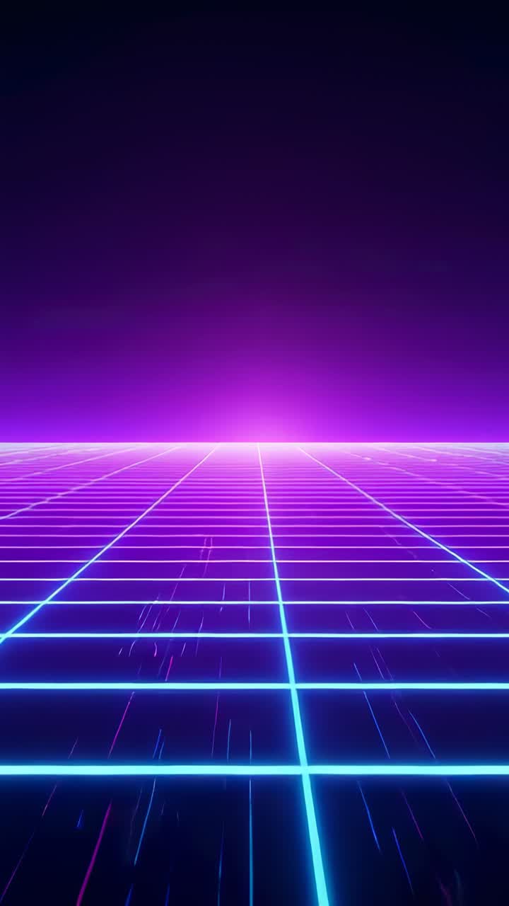 Vertical video: Showing neon-blue grid receding to purple-pink horizon, with falling light streaks