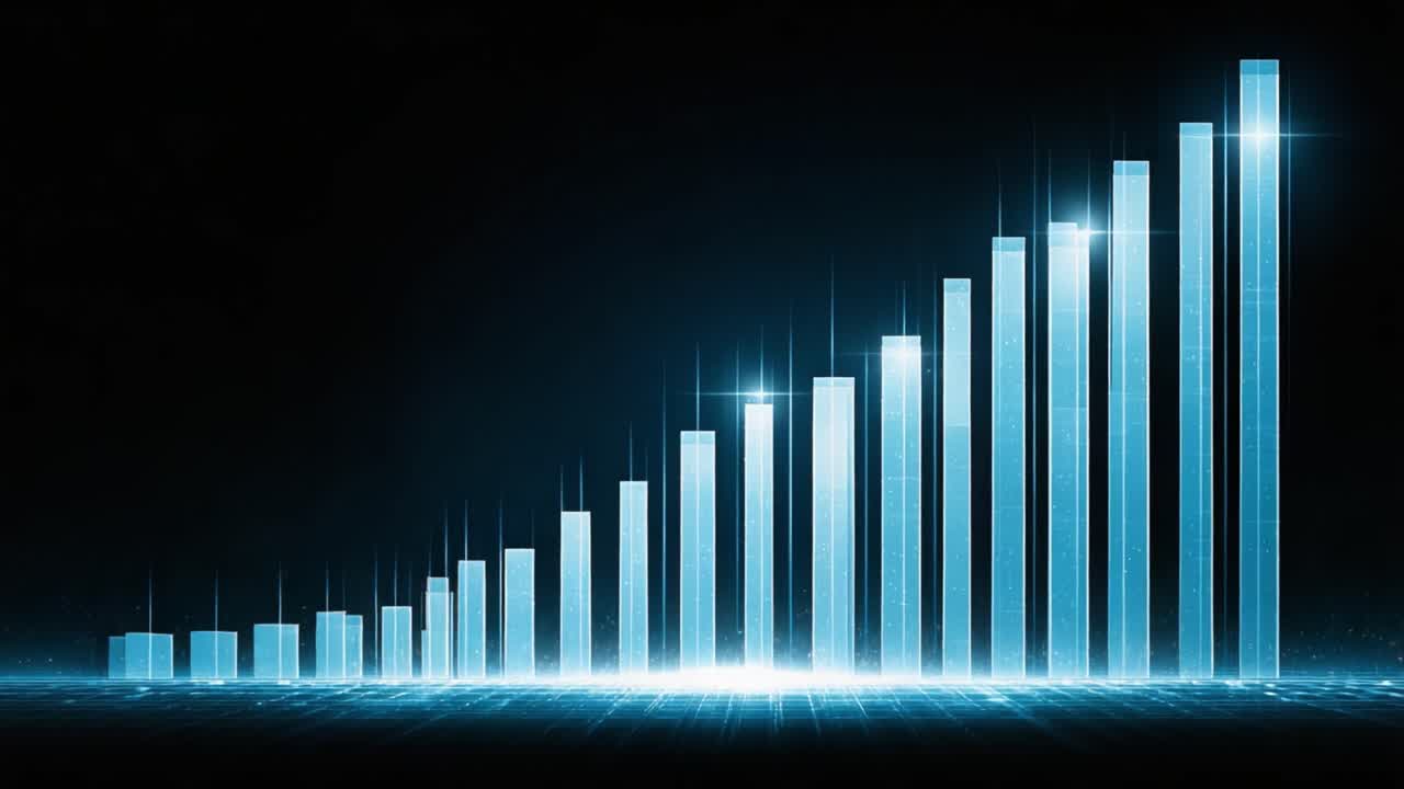 Dynamic Financial Growth Representation with Rising Bar Graphs Against a Futuristic Background Highlighting Progress and Success