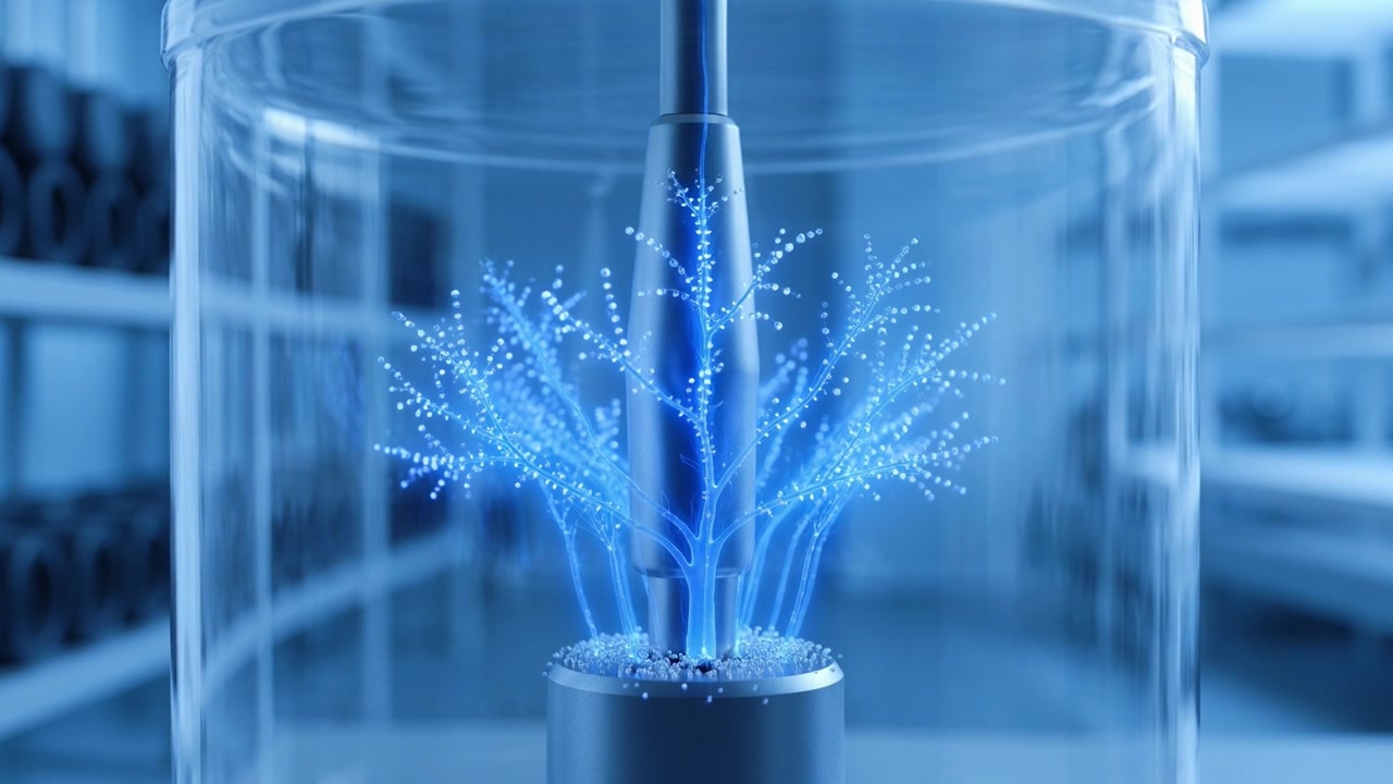 Blue Glowing Particles Growing in a Futuristic Scientific Experiment