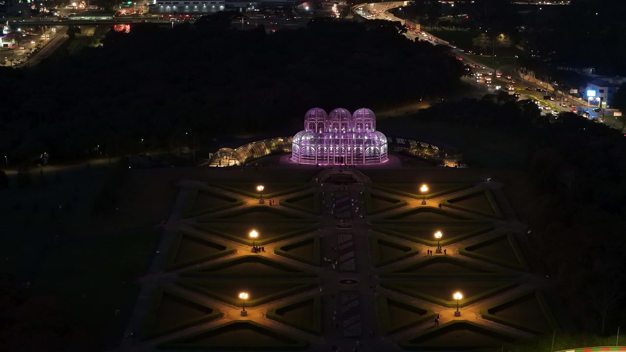 Aerial view of the illuminated Curitiba Botanical Garden - Brasil