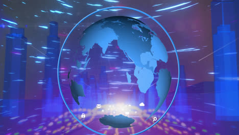 animation of globe, digital icons and glowing light trails against 3d city model