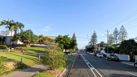 pedestrians and vehicles on a sunny suburban road