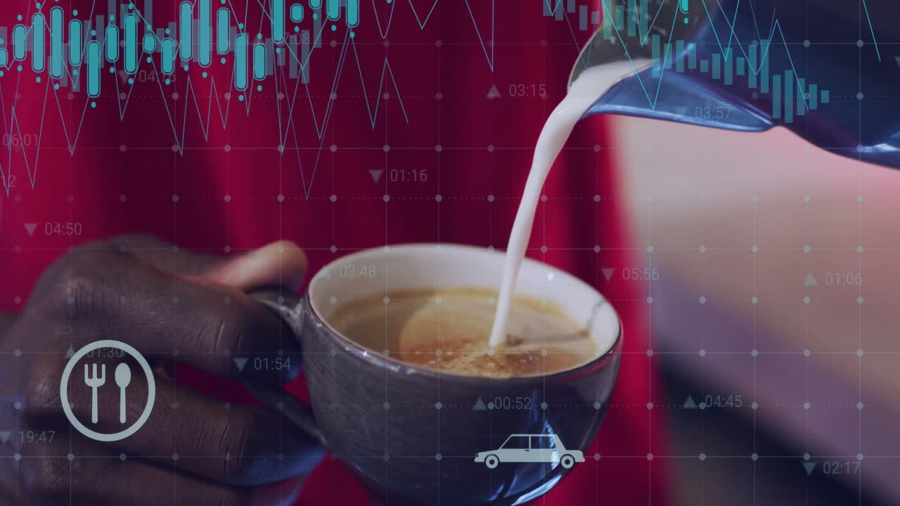 커피잔을 들고 우유를 따르는 남성, 성능 지표를 시각화하는 기술 아이콘 활성화