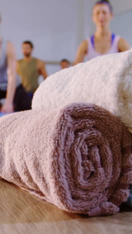 close-up of towel and water bottle