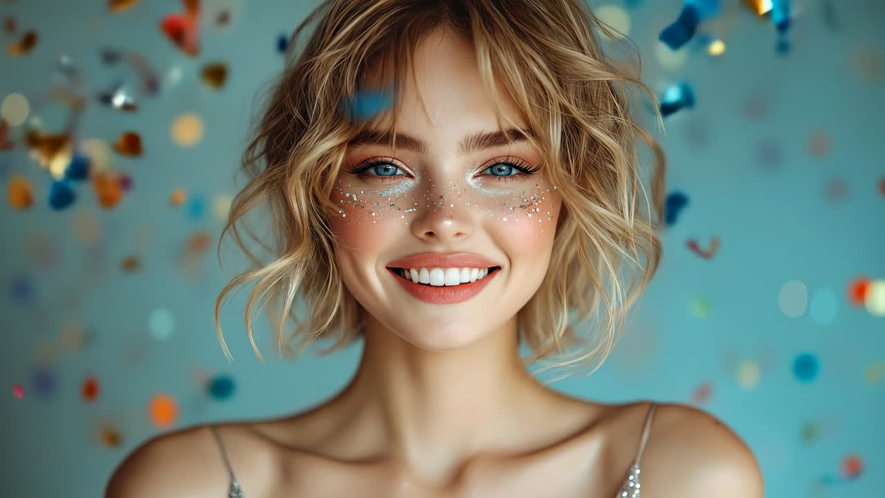 Donna felice con coriandoli. Una giovane donna con capelli ricci sorride luminosa mentre coriandoli colorati fluttuano intorno a lei, creando un'atmosfera gioiosa