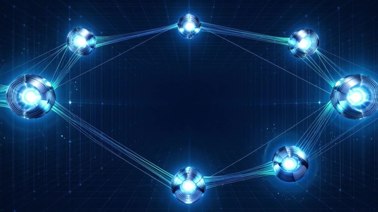 Digital Network Connection with Glowing Spheres and Data Lines