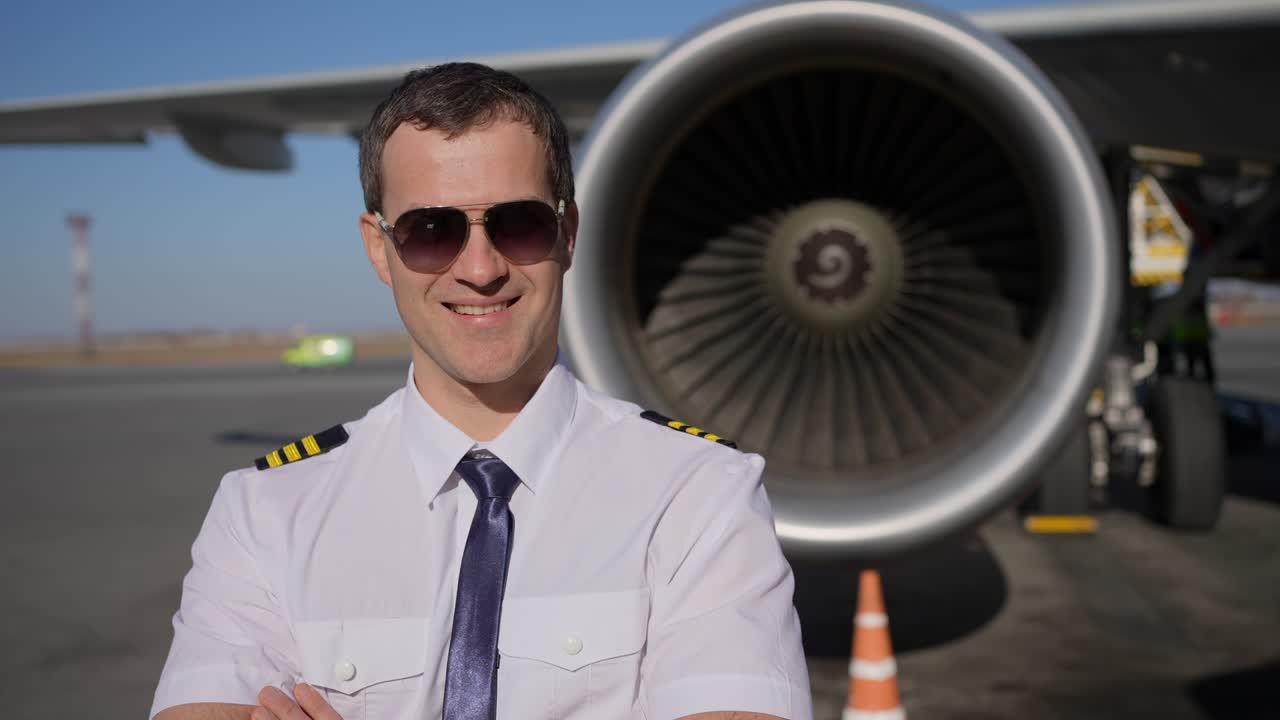 piloto de aeroplano de aeropuerto. retrato piloto masculino confiado en uniforme sonriendo en el fondo avión, aeronave. viaje profesional capitán de vuelo seguridad de viaje profesiones de transporte personas concepto