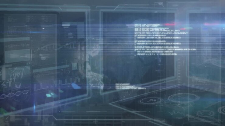 Animation of data processing over screens on dark background
