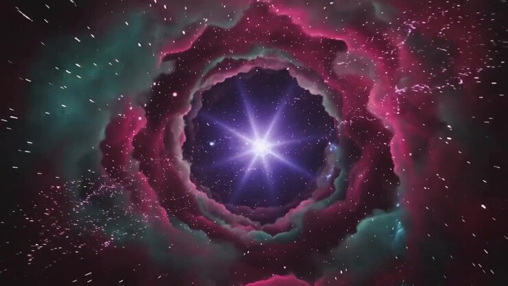 Nucleo magenta pulsante che emette scariche, formando un anello di nebulosa e spingendo polvere nello spazio, con la luna in alto a sinistra
