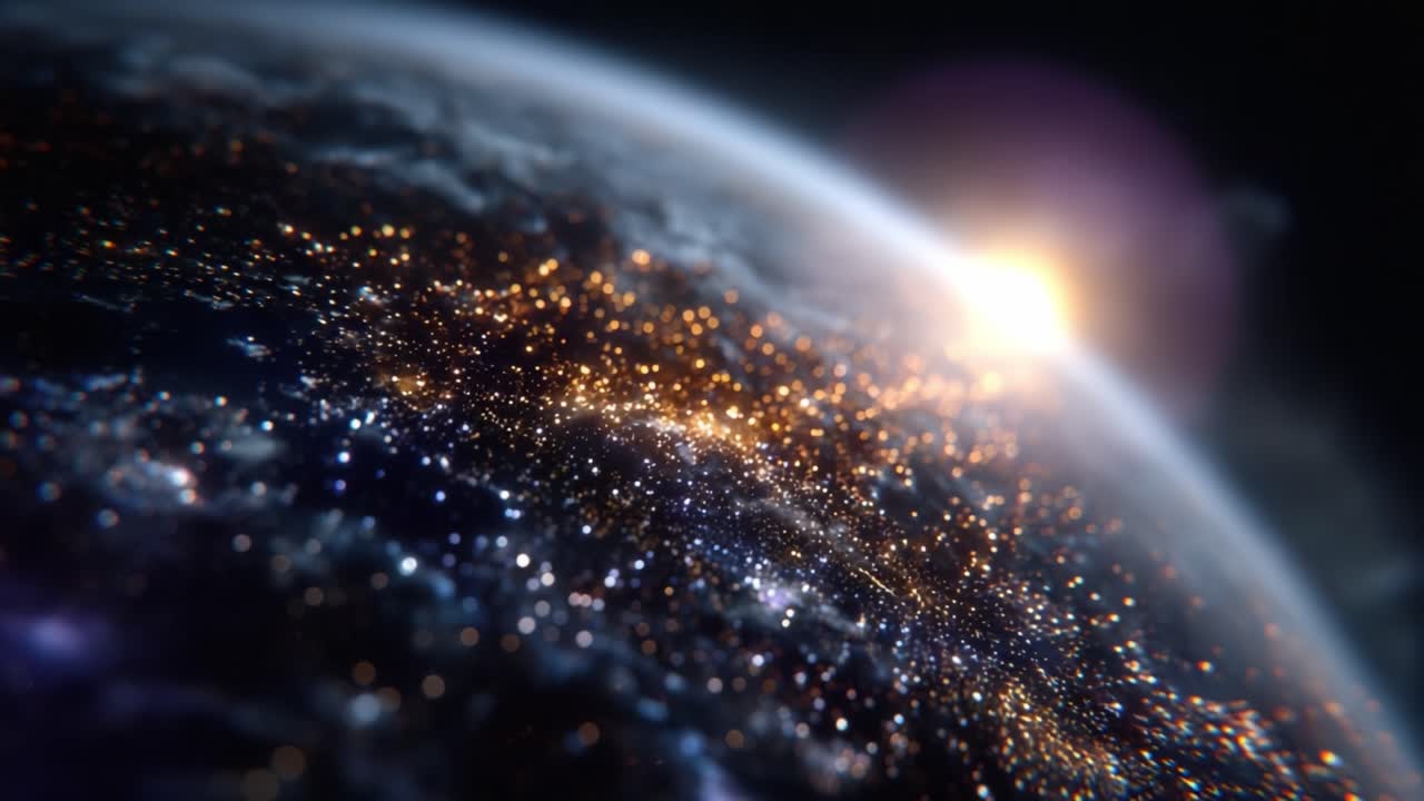 A Stunning View of Earth from Space: Vibrant City Lights Twinkling Against the Cosmic Background as the Sun Rises on the Horizon Amidst a Beautiful Universe