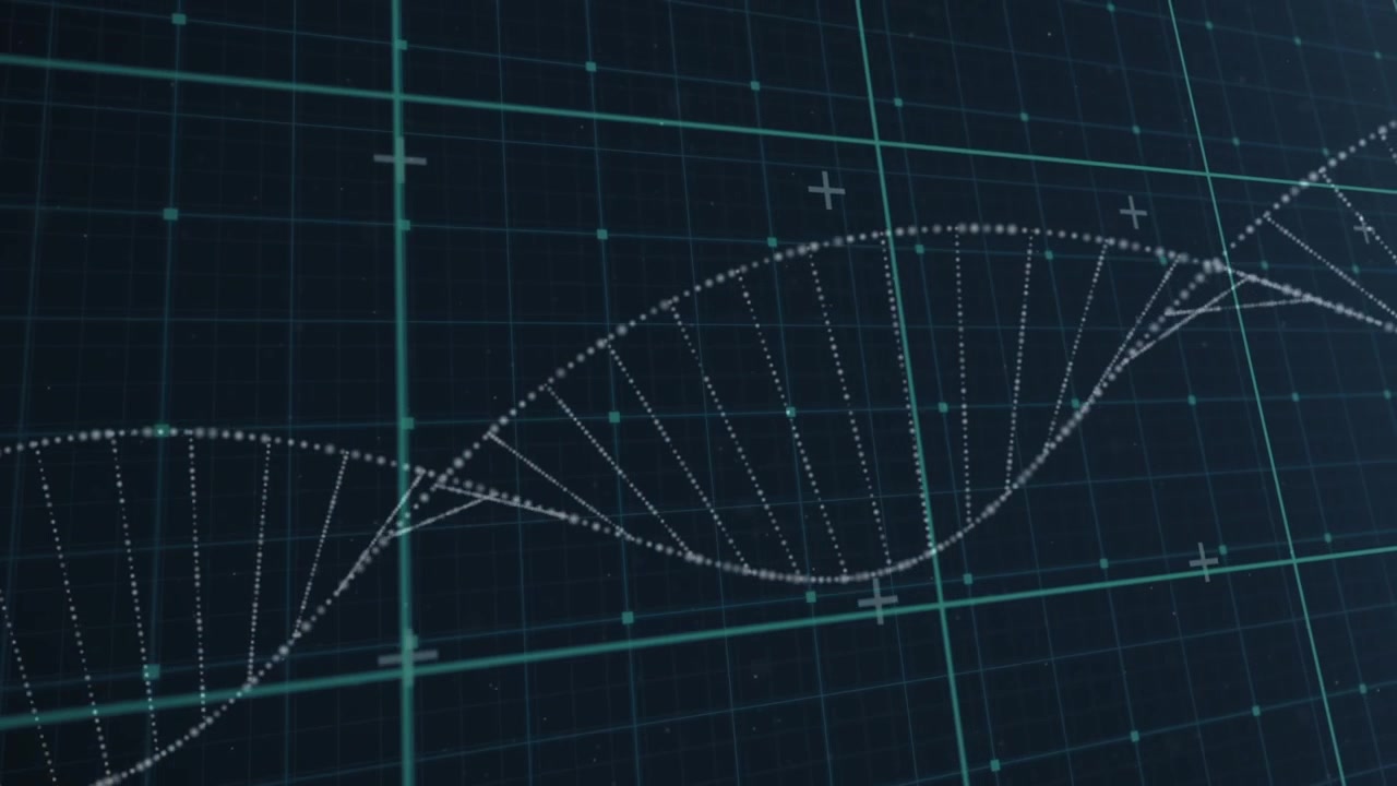 Animation of grid and dna forming dna forming helix over grid on black particles