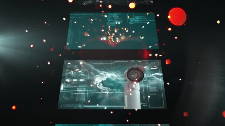 Animation of cascading interfaces with network and data processing on dark background with sparks