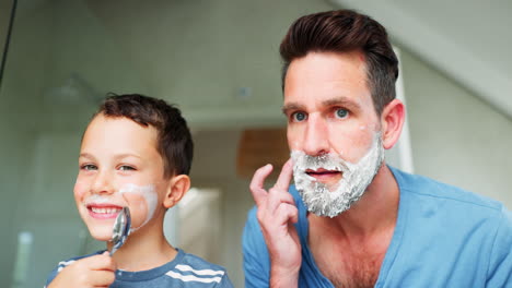 playful, shaving and a father teaching his son