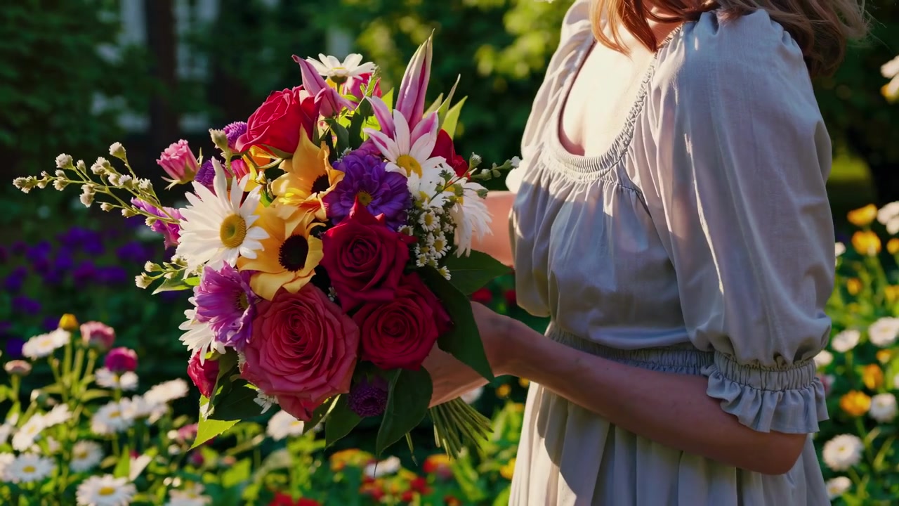 Donna che tiene un bouquet di fiori colorato in un giardino soleggiato